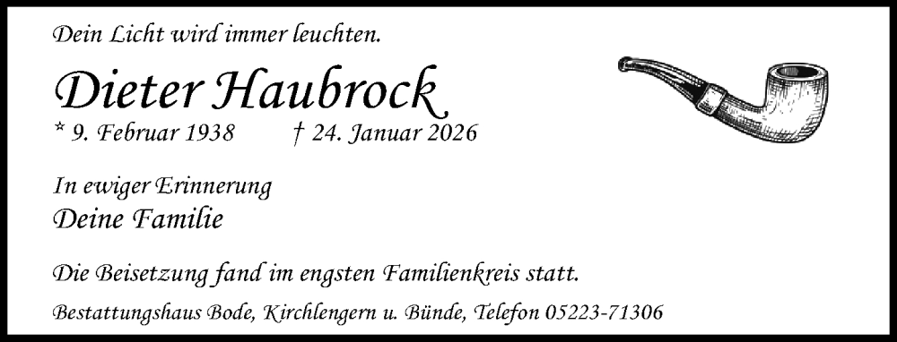  Traueranzeige für Dieter Haubrock vom 14.02.2026 aus Neue Westfälische und Westfalen-Blatt