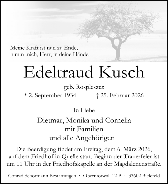Traueranzeige von Edeltraud Kusch von Neue Westfälische und Westfalen-Blatt