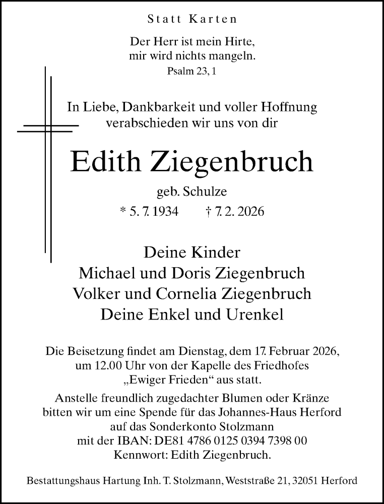  Traueranzeige für Edith Ziegenbruch vom 11.02.2026 aus Neue Westfälische und Westfalen-Blatt