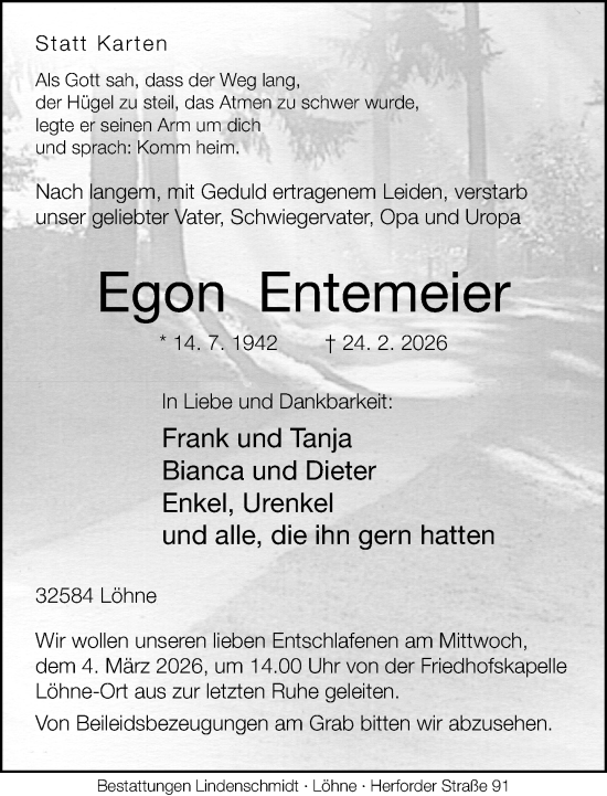 Traueranzeige von Egon Entemeier von Neue Westfälische und Westfalen-Blatt