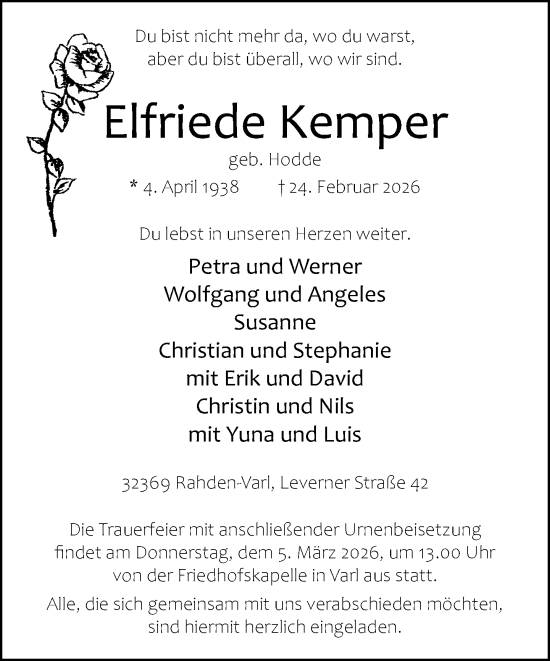 Traueranzeige von Elfriede Kemper von Neue Westfälische und Westfalen-Blatt