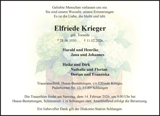 Traueranzeige von Elfriede Krieger von Neue Westfälische und Westfalen-Blatt