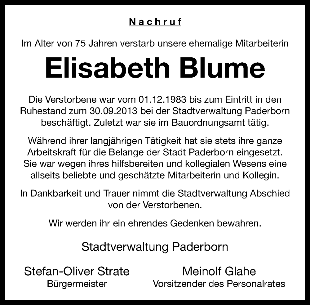 Traueranzeige für Elisabeth Blume vom 07.02.2026 aus Neue Westfälische und Westfalen-Blatt