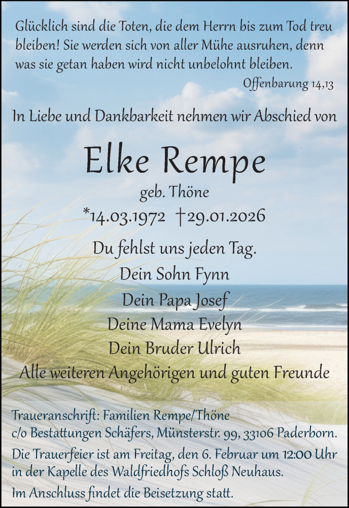  Traueranzeige für Elke Rempe vom 04.02.2026 aus Neue Westfälische und Westfalen-Blatt