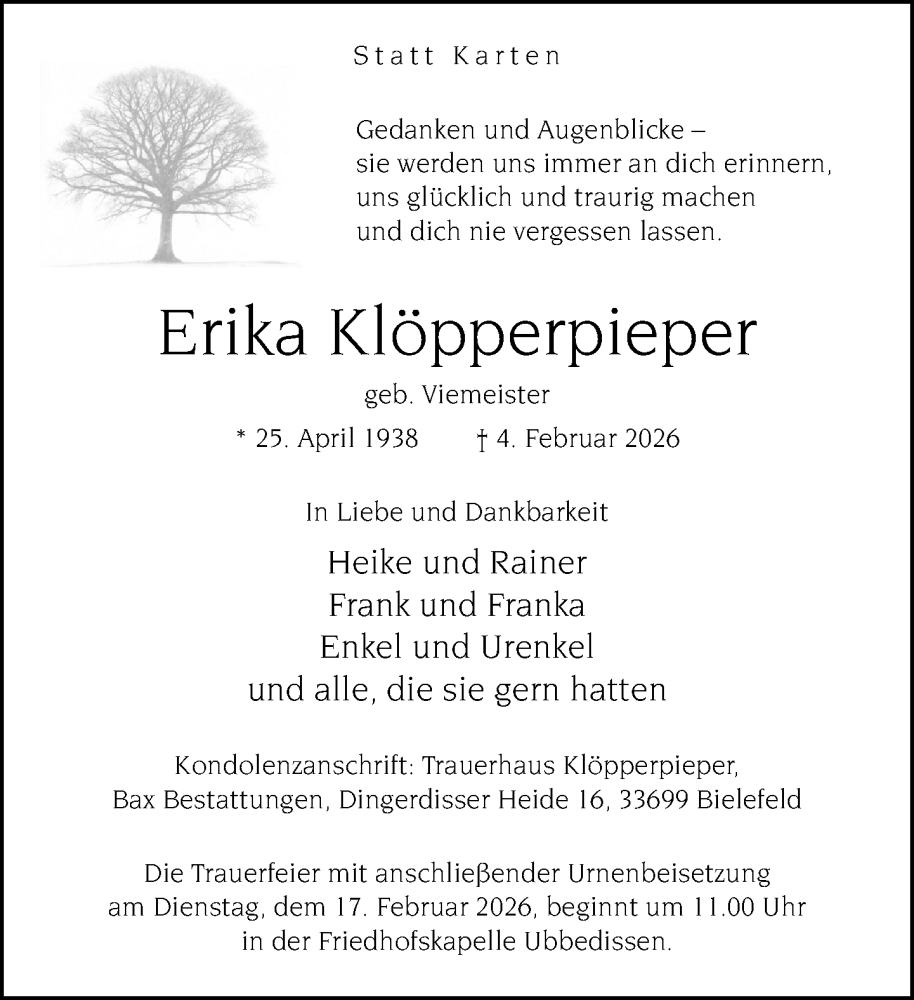  Traueranzeige für Erika Klöpperpieper vom 07.02.2026 aus Neue Westfälische und Westfalen-Blatt
