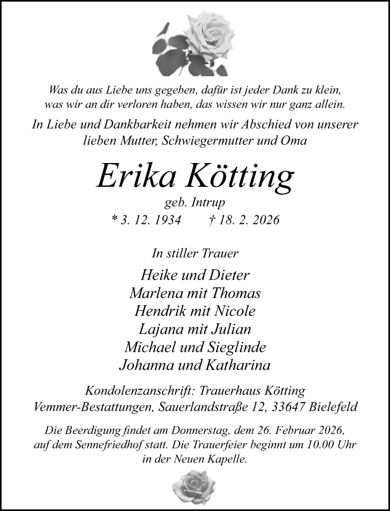  Traueranzeige für Erika Kötting vom 21.02.2026 aus Neue Westfälische und Westfalen-Blatt