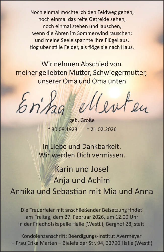  Traueranzeige für Erika Merten vom 25.02.2026 aus Neue Westfälische und Westfalen-Blatt