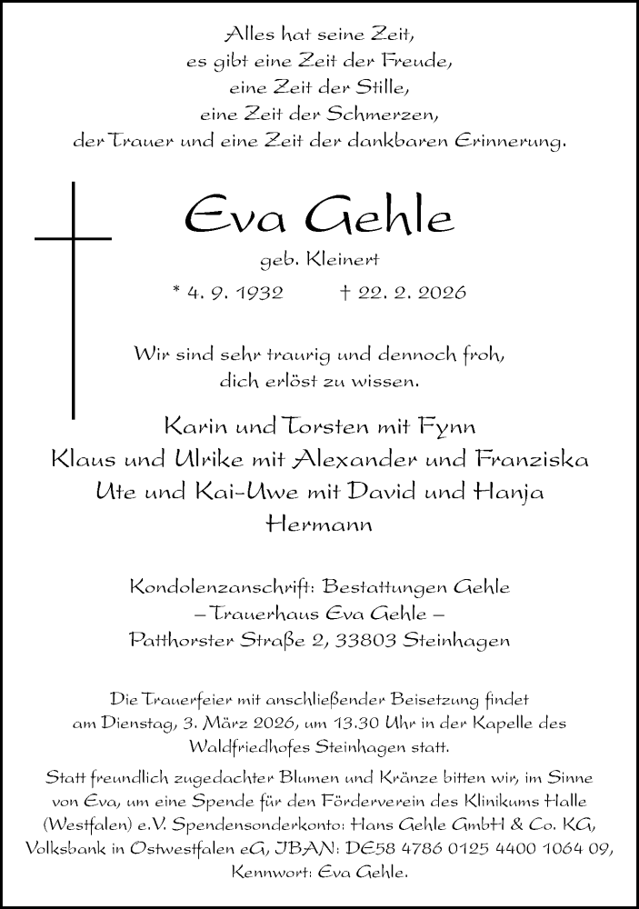  Traueranzeige für Eva Gehle vom 25.02.2026 aus Neue Westfälische und Westfalen-Blatt