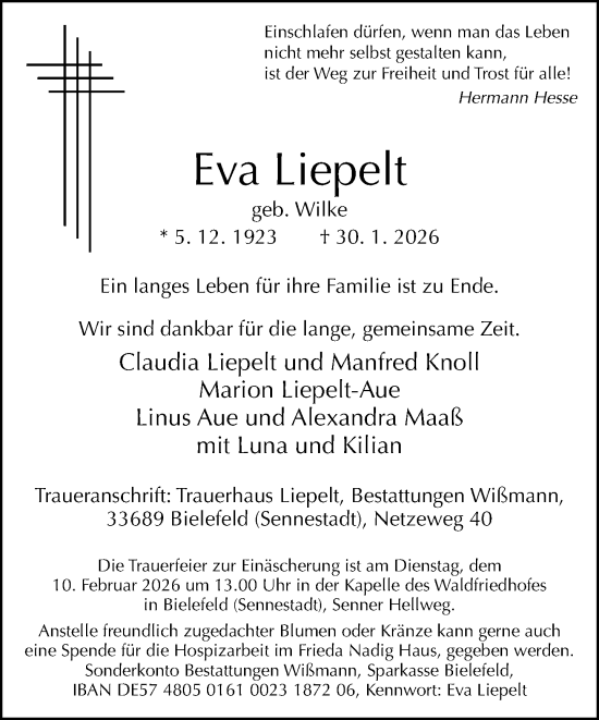 Traueranzeige von Eva Liepelt von Neue Westfälische und Westfalen-Blatt