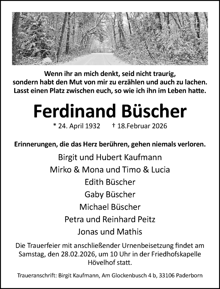  Traueranzeige für Ferdinand Büscher vom 21.02.2026 aus Neue Westfälische und Westfalen-Blatt