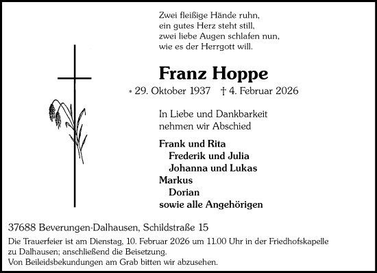 Traueranzeige von Franz Hoppe von Neue Westfälische und Westfalen-Blatt