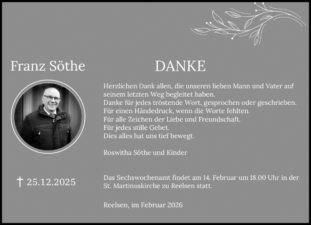  Traueranzeige für Franz Söthe vom 07.02.2026 aus Neue Westfälische und Westfalen-Blatt