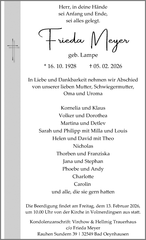  Traueranzeige für Frieda Meyer vom 07.02.2026 aus Neue Westfälische und Westfalen-Blatt