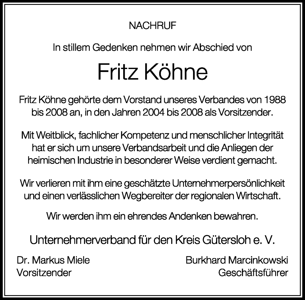  Traueranzeige für Fritz Köhne vom 04.02.2026 aus Neue Westfälische und Westfalen-Blatt