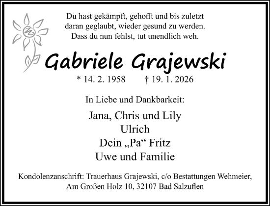 Traueranzeige von Gabriele Grajewski von Neue Westfälische und Westfalen-Blatt