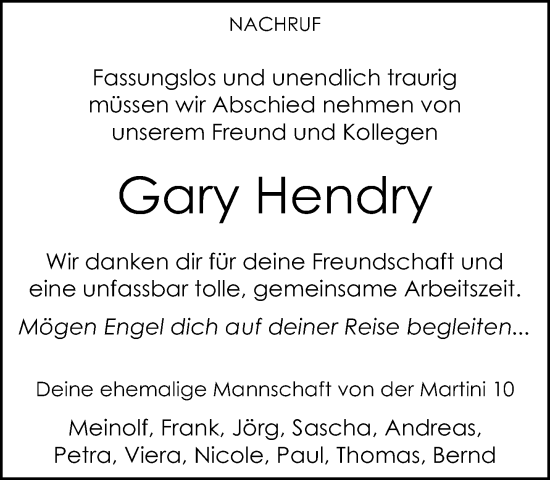 Traueranzeige von Gary Hendry von Neue Westfälische und Westfalen-Blatt