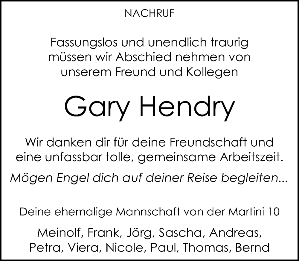  Traueranzeige für Gary Hendry vom 07.02.2026 aus Neue Westfälische und Westfalen-Blatt