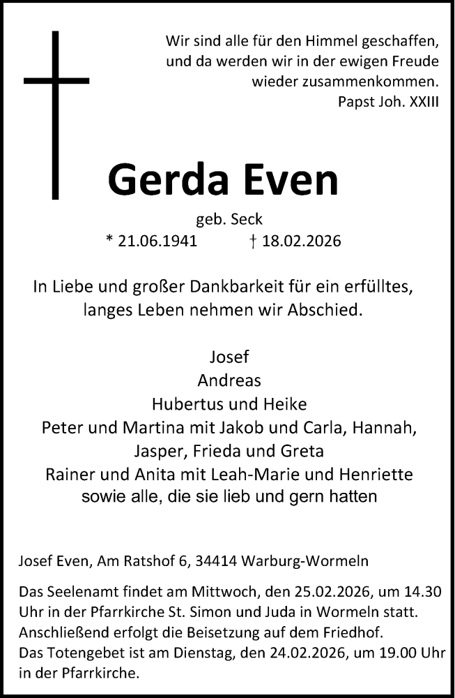  Traueranzeige für Gerda Even vom 21.02.2026 aus Neue Westfälische und Westfalen-Blatt
