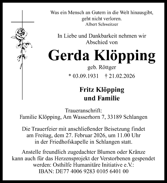 Traueranzeige von Gerda Klöpping von Neue Westfälische und Westfalen-Blatt
