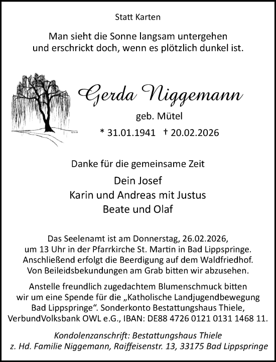 Traueranzeige von Gerda Niggemann von Neue Westfälische und Westfalen-Blatt