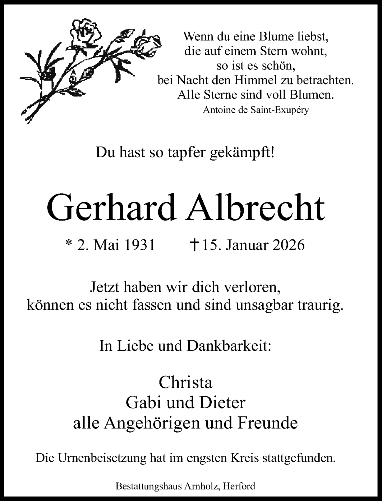  Traueranzeige für Gerhard Albrecht vom 07.02.2026 aus Neue Westfälische und Westfalen-Blatt