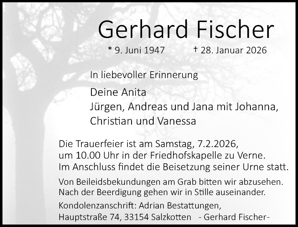  Traueranzeige für Gerhard Fischer vom 04.02.2026 aus Neue Westfälische und Westfalen-Blatt