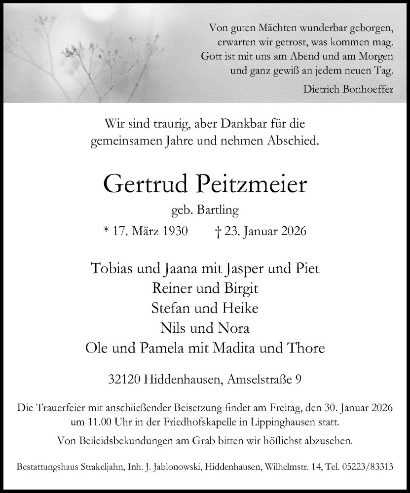  Traueranzeige für Gertrud Peitzmeier vom 27.01.2026 aus Neue Westfälische und Westfalen-Blatt