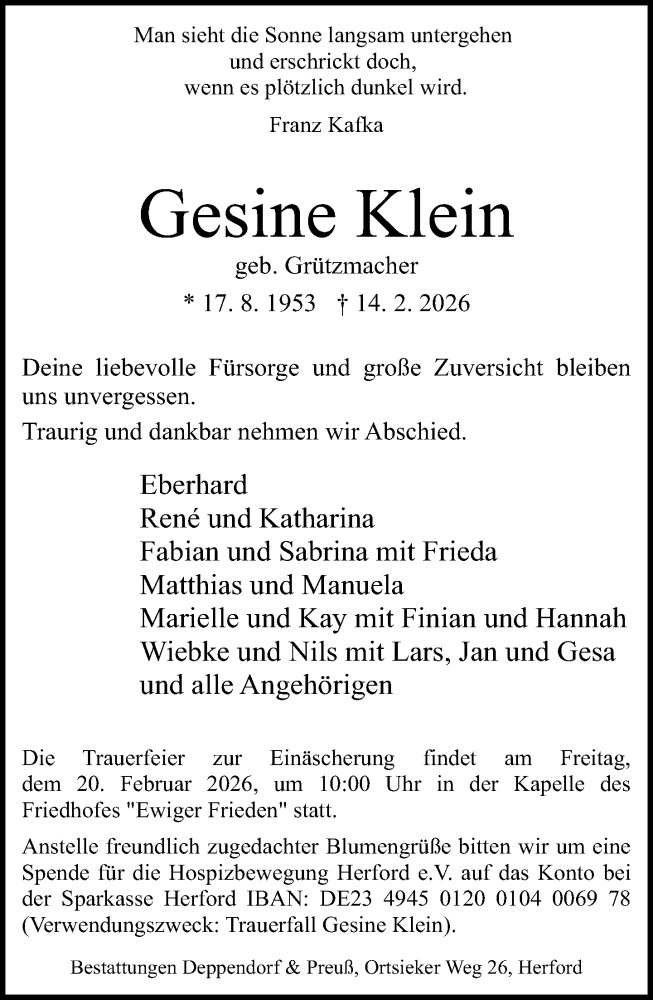  Traueranzeige für Gesine Klein vom 18.02.2026 aus Neue Westfälische und Westfalen-Blatt