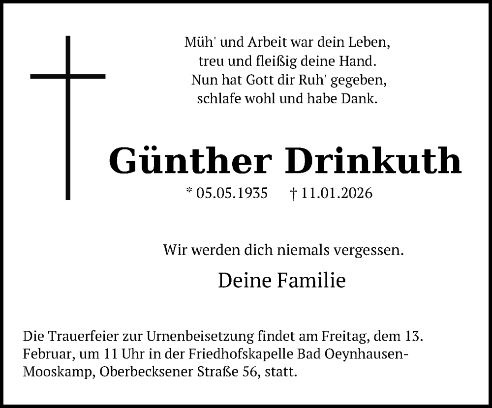  Traueranzeige für Günther Drinkuth vom 11.02.2026 aus Neue Westfälische und Westfalen-Blatt