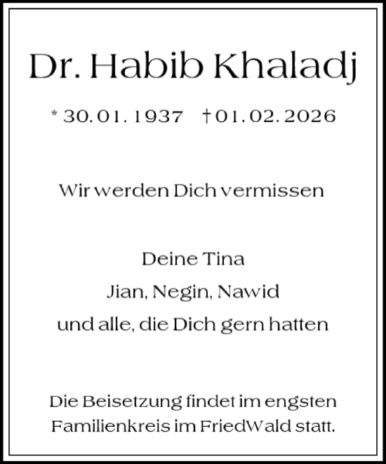 Traueranzeige von Habib Khaladj von Neue Westfälische und Westfalen-Blatt