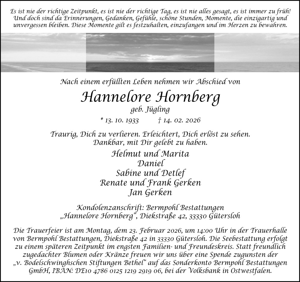  Traueranzeige für Hannelore Hornberg vom 18.02.2026 aus Neue Westfälische und Westfalen-Blatt