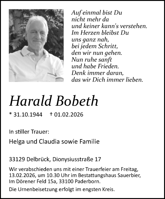 Traueranzeige von Harald Bobeth von Neue Westfälische und Westfalen-Blatt