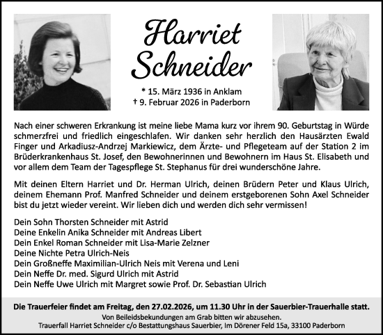Traueranzeige von Harriet Schneider von Neue Westfälische und Westfalen-Blatt
