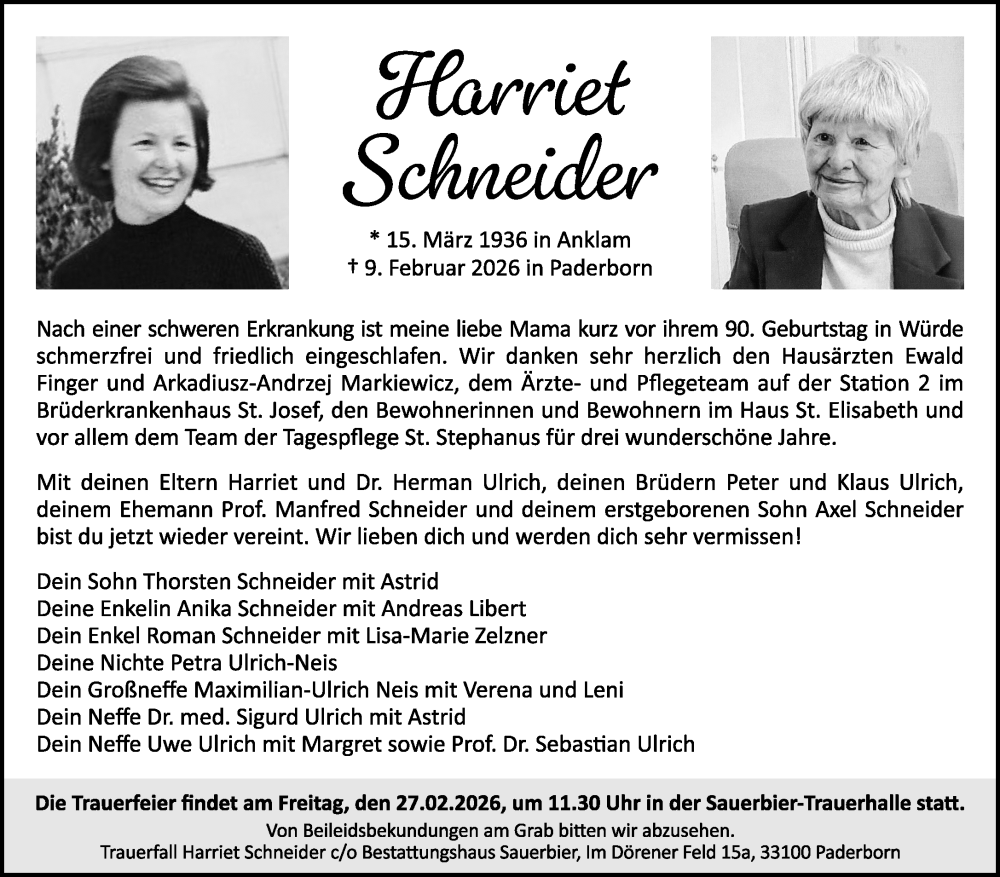  Traueranzeige für Harriet Schneider vom 21.02.2026 aus Neue Westfälische und Westfalen-Blatt