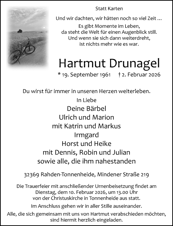 Traueranzeige von Hartmut Drunagel von Neue Westfälische und Westfalen-Blatt
