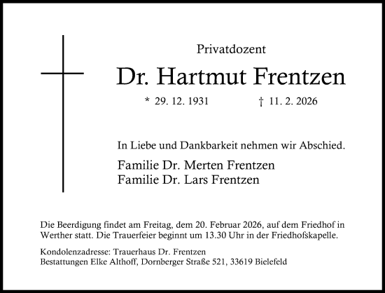 Traueranzeige von Hartmut Frentzen von Neue Westfälische und Westfalen-Blatt