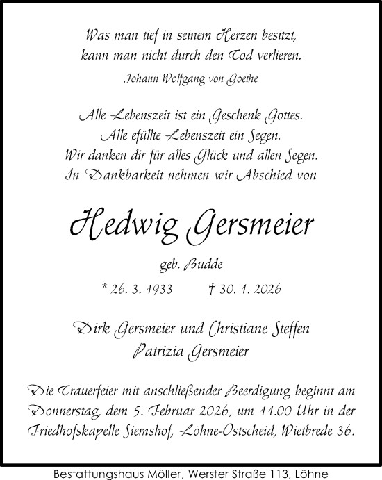 Traueranzeige von Hedwig Gersmeier von Neue Westfälische und Westfalen-Blatt