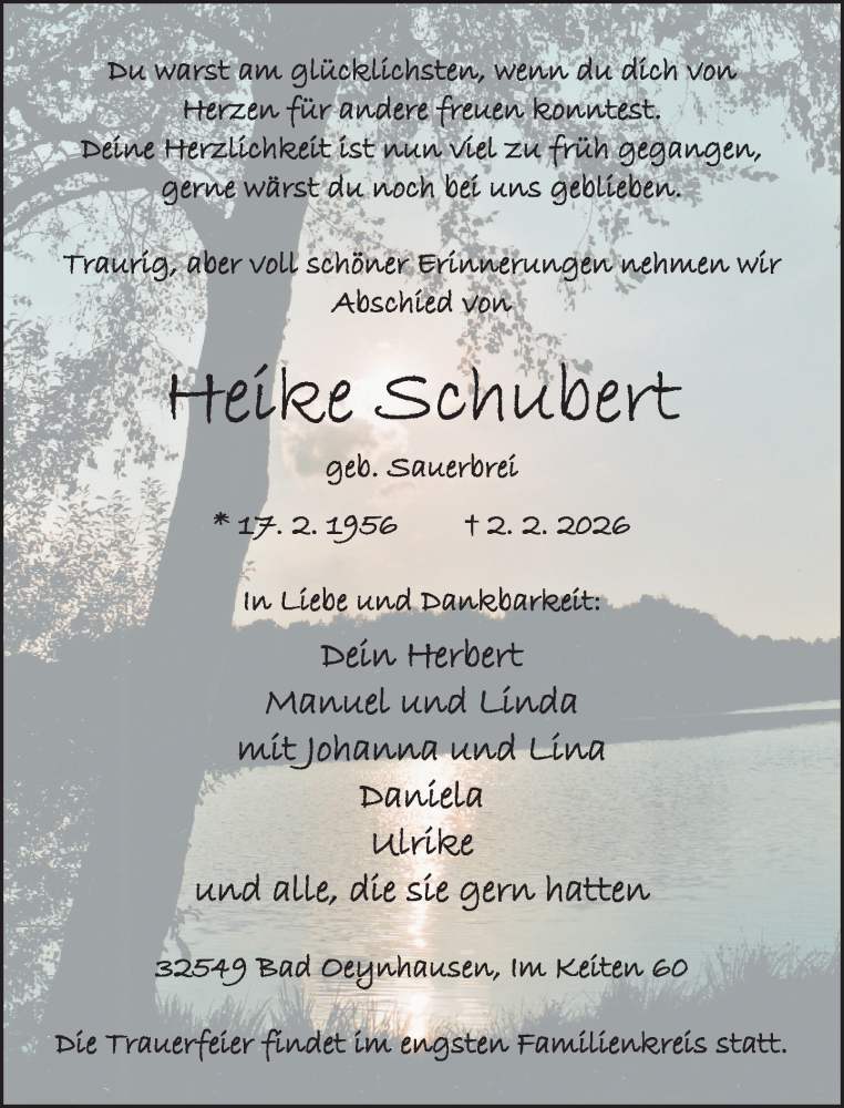  Traueranzeige für Heike Schubert vom 07.02.2026 aus Neue Westfälische und Westfalen-Blatt