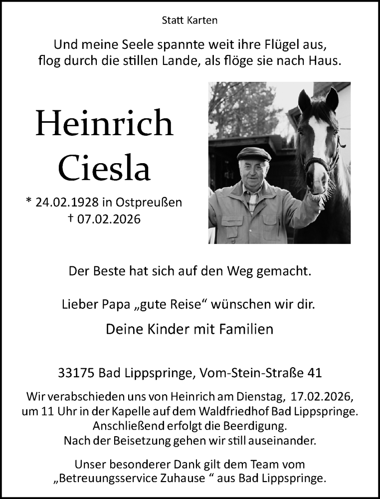  Traueranzeige für Heinrich Ciesla vom 11.02.2026 aus Neue Westfälische und Westfalen-Blatt