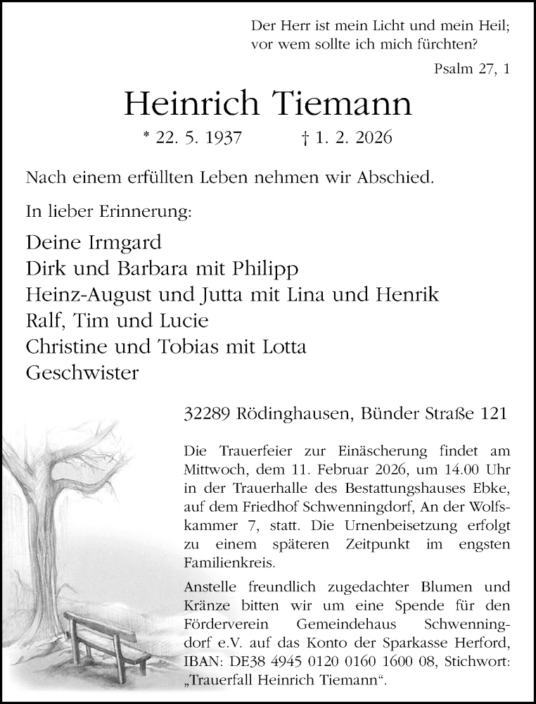  Traueranzeige für Heinrich Tiemann vom 07.02.2026 aus Neue Westfälische und Westfalen-Blatt