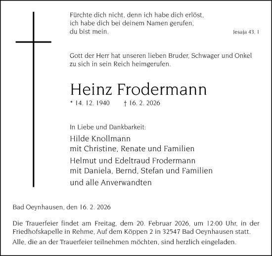 Traueranzeige von Heinz Frodermann von Neue Westfälische und Westfalen-Blatt