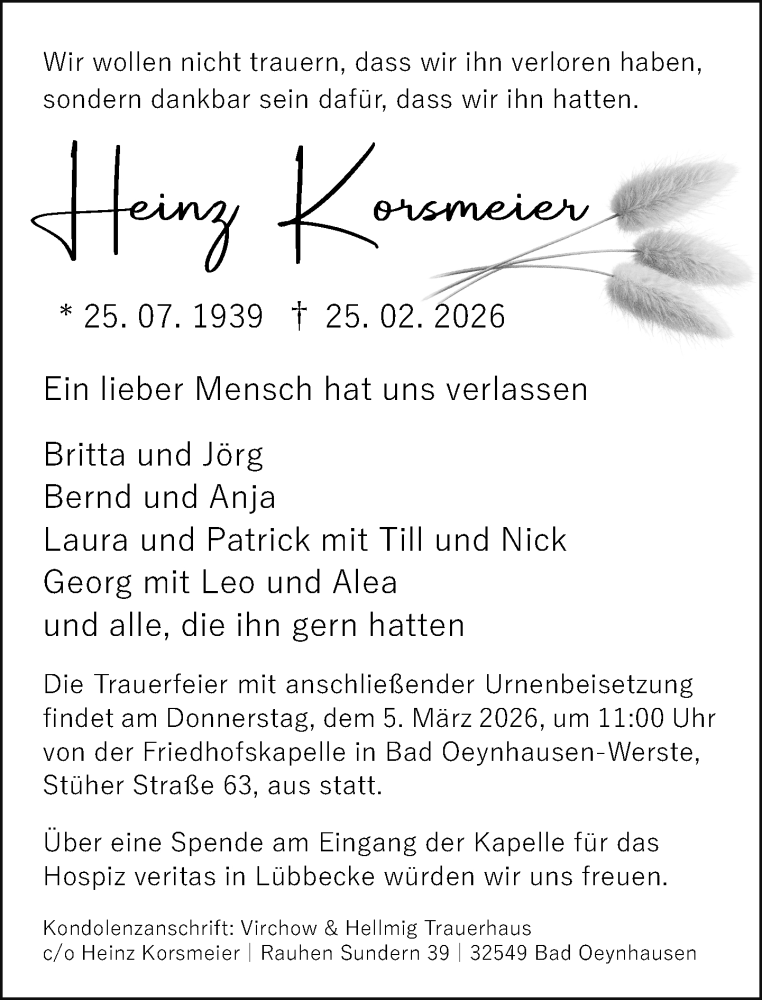  Traueranzeige für Heinz Korsmeier vom 28.02.2026 aus Neue Westfälische und Westfalen-Blatt