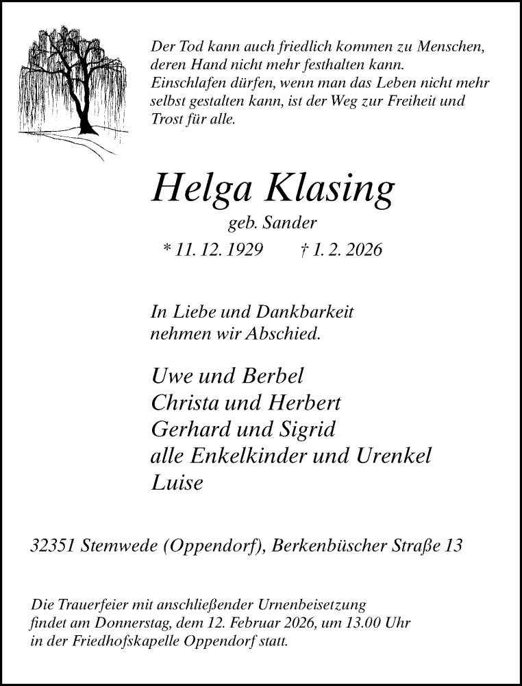  Traueranzeige für Helga Klasing vom 04.02.2026 aus Neue Westfälische und Westfalen-Blatt