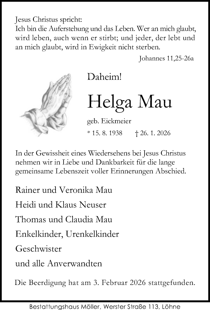  Traueranzeige für Helga Mau vom 07.02.2026 aus Neue Westfälische und Westfalen-Blatt