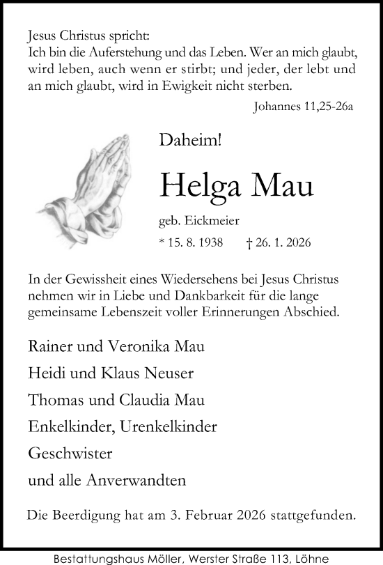 Traueranzeige von Helga Mau von Neue Westfälische und Westfalen-Blatt