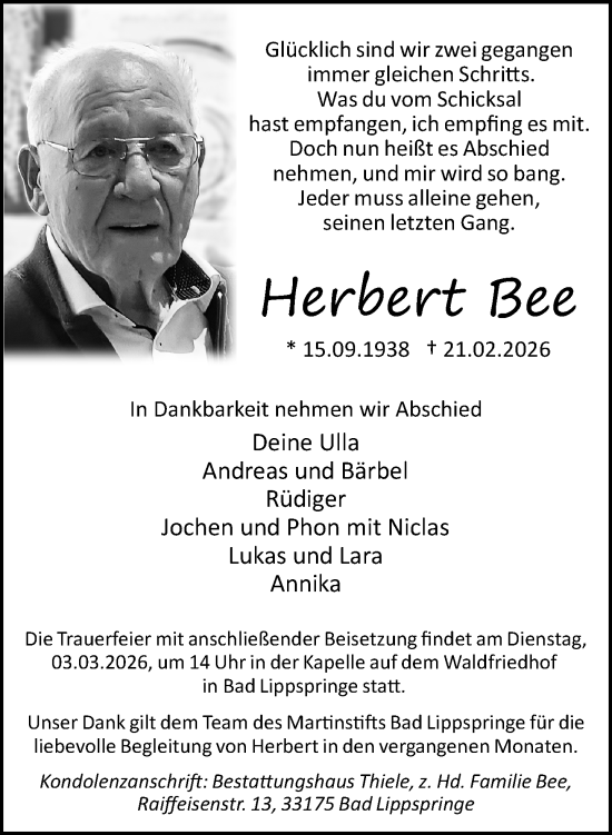 Traueranzeige von Herbert Bee von Neue Westfälische und Westfalen-Blatt