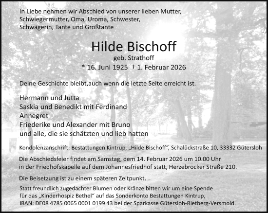 Traueranzeige von Hilde Bischoff von Neue Westfälische und Westfalen-Blatt
