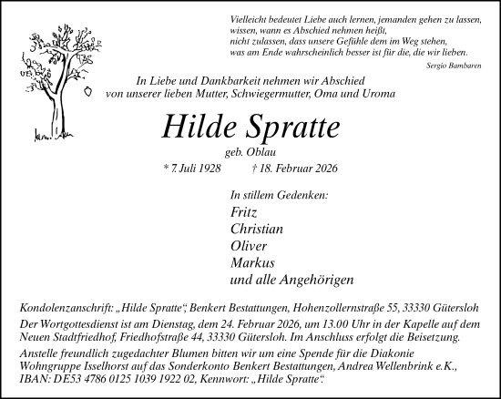 Traueranzeige von Hilde Spratte von Neue Westfälische und Westfalen-Blatt