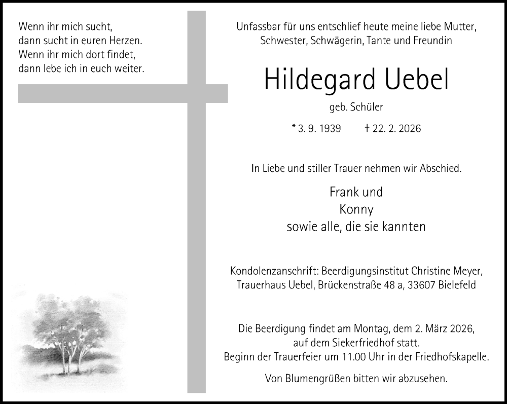  Traueranzeige für Hildegard Uebel vom 25.02.2026 aus Neue Westfälische und Westfalen-Blatt