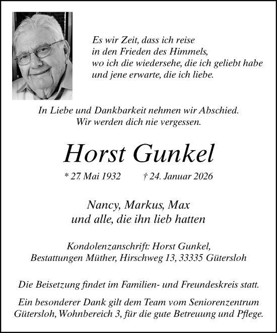 Traueranzeige von Horst Gunkel von Neue Westfälische und Westfalen-Blatt
